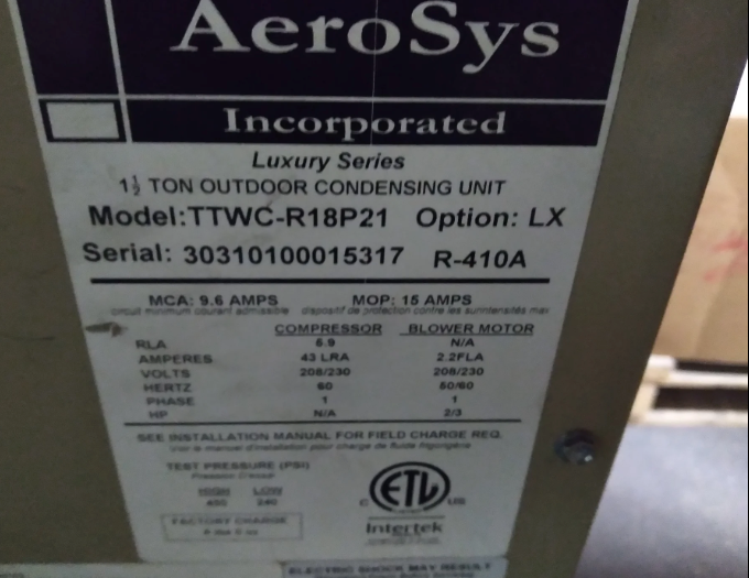 Aerosys 1-1/2 TON THROUGH THE WALL OUTDOOR CONDENSING UNIT, 12 SEER, 208/230-60-1, R410A